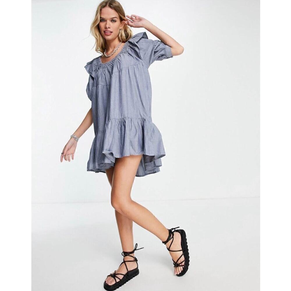 Free People Amelie Denim Mini Dress Blue Chambray Ruffle Puff Sleeve XS EUC - Picture 7 of 13